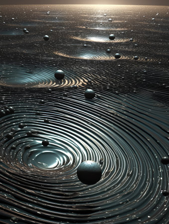 3D illustration of a water surface with some drops and ripplesの素材