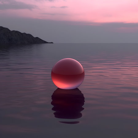 Red glass ball on the sea at sunset. 3D render.の素材