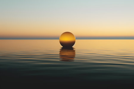 Illustration of a golden light bulb floating in the sea with reflectionの素材