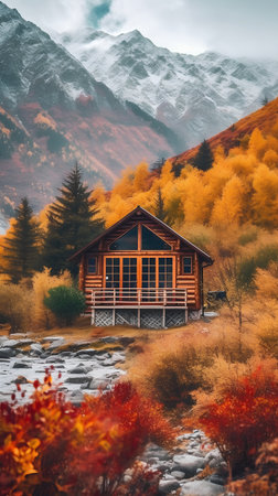 Autumn landscape with wooden house in the mountains. Caucasus, Russiaの素材