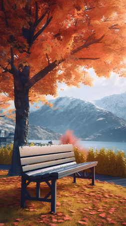 Autumn scene with bench and lake in the background, 3d renderの素材