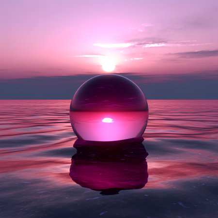 3d render of crystal ball with sunrise reflected in the water.の素材