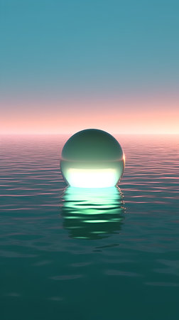 3d render of a crystal ball floating in the water at sunsetの素材