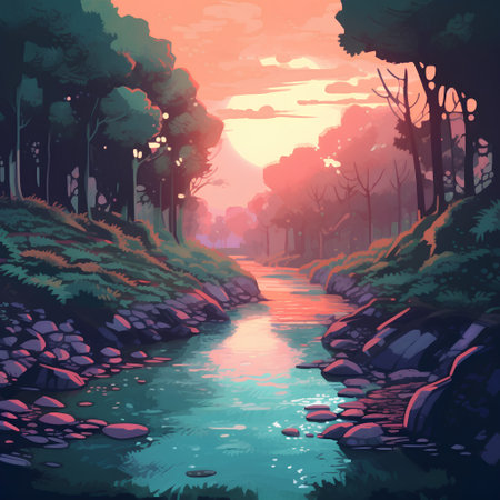 River in the forest at sunset. Cartoon style. Vector illustration.の素材