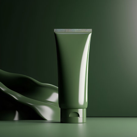3d render of cosmetic tube with green cloth on a green backgroundの素材