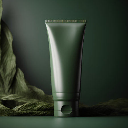 Mockup of a green cosmetic tube on a green background.の素材