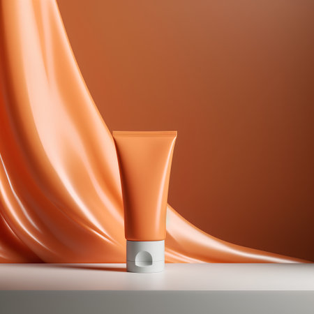Cosmetic tube on orange silk background. 3d render illustration.の素材