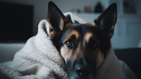 German shepherd dog wrapped in a warm blanket at home in the eveningの素材