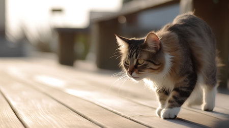 beautiful tabby cat walks on the wooden terrace of the houseの素材