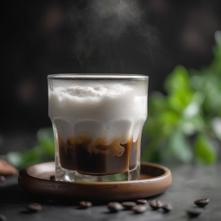 Coffee with milk in a glass on a dark background.の素材