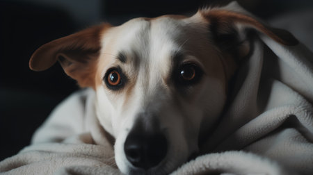 Portrait of a dog wrapped in a blanket. Close-up.の素材