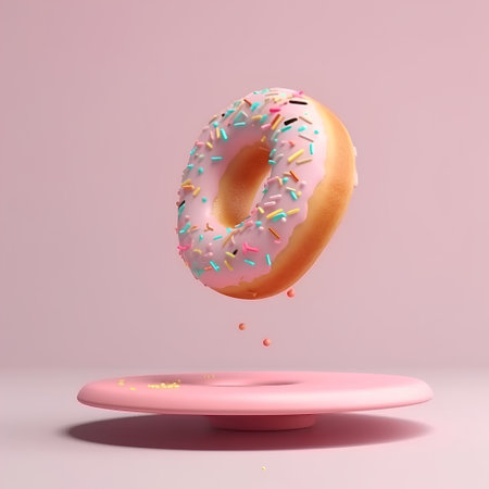 3d render of glazed donut with sprinkles on pink podiumの素材