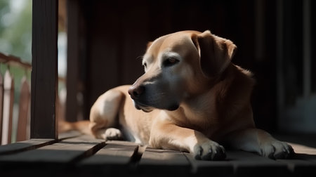 Labrador retriever lying on the porch of a wooden house.の素材