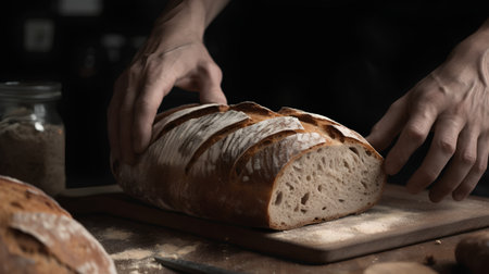 Male hands cutting bread on a wooden board. Selective focus.の素材