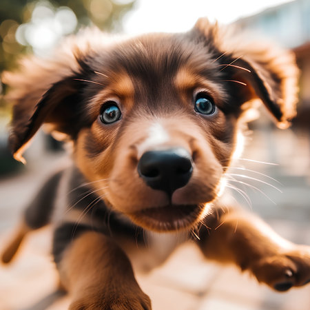 Portrait of a cute little brown puppy with blue eyes. Shallow depth of field.の素材