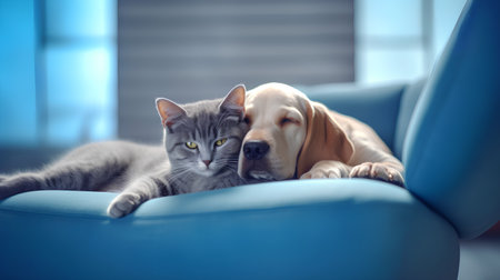 Cute cat and dog lying on a blue sofa at home.の素材