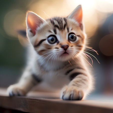 Cute little bengal kitten sitting on a wooden fence.の素材