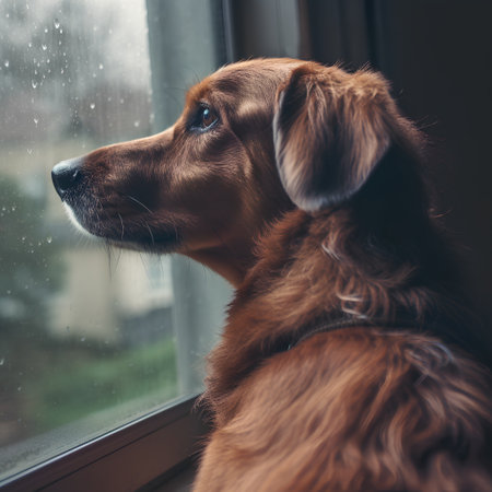 Portrait of a cute dog looking out the window in the rainの素材