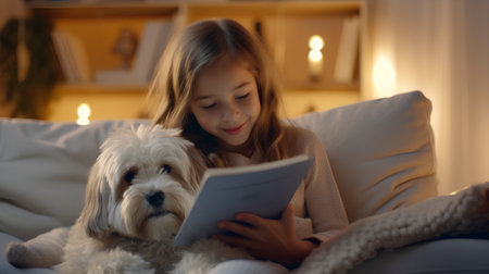 Cute little girl reading a book with her dog at home.の素材