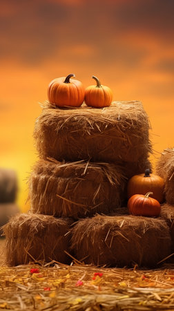 Pumpkins on hay bales with autumn leaves on sunset backgroundの素材
