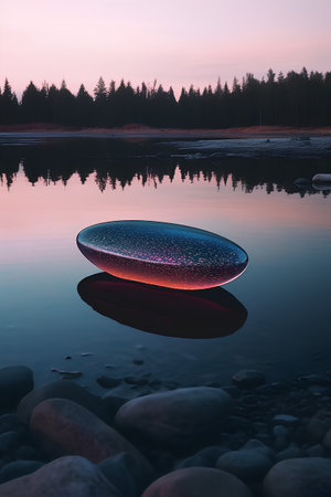 Sunset on the lake with stones and reflection in the water.の素材