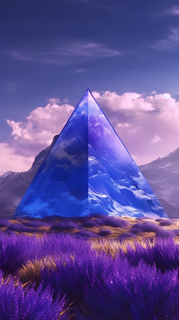 3D illustration of a pyramid in the lavender field at sunsetの素材