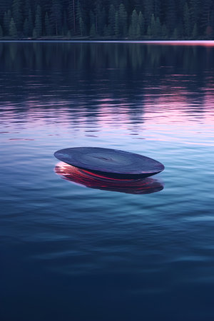3d render of a stone on a lake in the forest.の素材