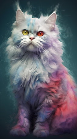 Fantasy portrait of a beautiful fluffy cat with multicolored hairの素材