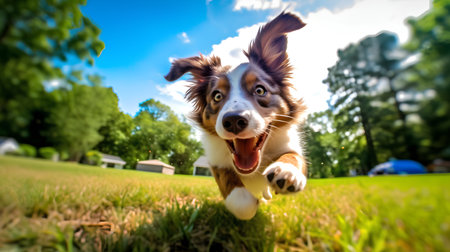 Australian Shepherd dog running in the grass on a sunny summer day.の素材