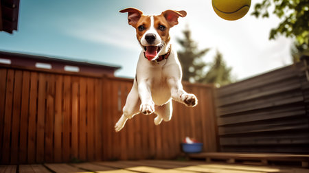 Jack russell terrier dog jumping with a tennis ball.の素材