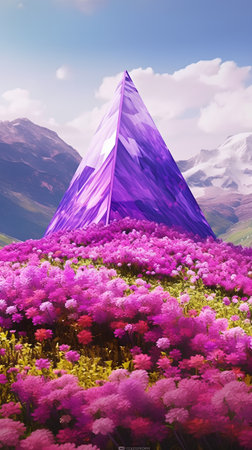 Beautiful mountain landscape with colorful flowers and pyramid. 3d renderの素材