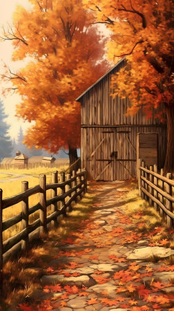 Autumn landscape with old wooden barn and wooden fence, digital paintingの素材