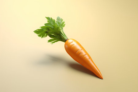 Carrot with green leaves isolated on yellow background. 3d illustrationの素材
