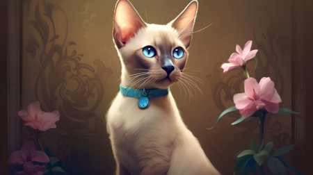 Siamese cat with blue eyes and pink flowers on the backgroundの素材