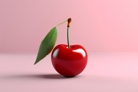 Red cherry with leaf on pink background. 3d render. Sweet food conceptの素材