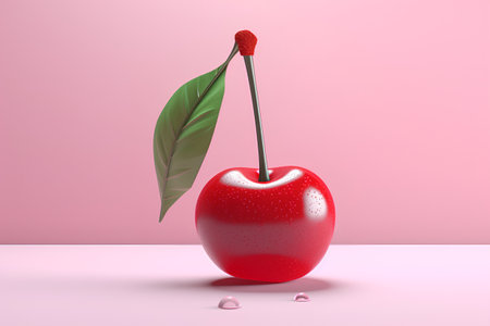 Cherry with leaf on pink background. 3d render illustration.の素材