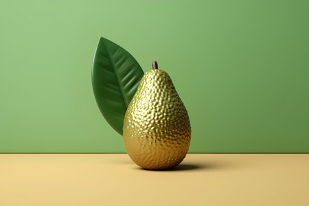 Golden pear with leaf on yellow and green background. 3d renderの素材