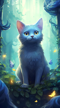 Illustration of a blue cat sitting in the middle of the forestの素材