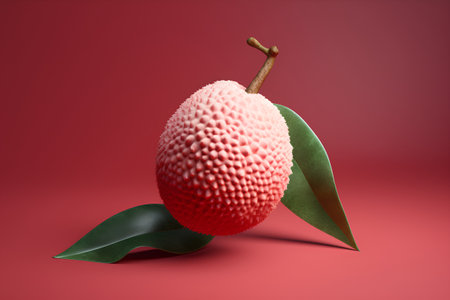 Lychee fruit with leaves on a red background. 3d renderingの素材