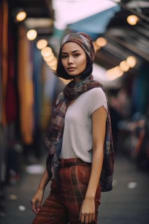 Beautiful young asian woman wearing scarf and hat walking in the streetの素材