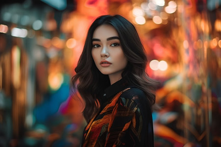 Portrait of a beautiful young asian woman posing at night.の素材