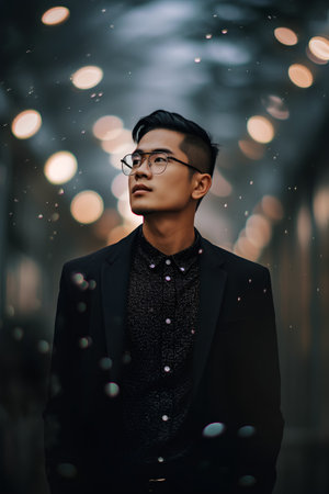 Portrait of a handsome asian man in black coat and glasses.の素材
