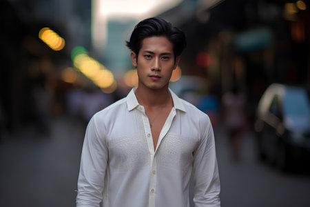 Young handsome Asian man in the city streets at night, wearing white shirtの素材