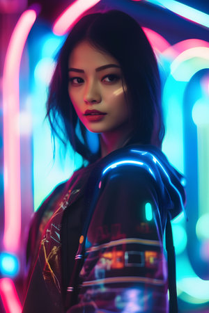Fashion portrait of beautiful asian woman in neon light. Portrait of asian young woman.の素材