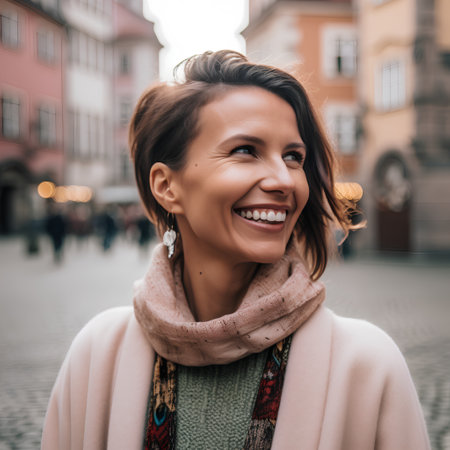 Portrait of a happy young woman in a coat and scarf on the street.の素材