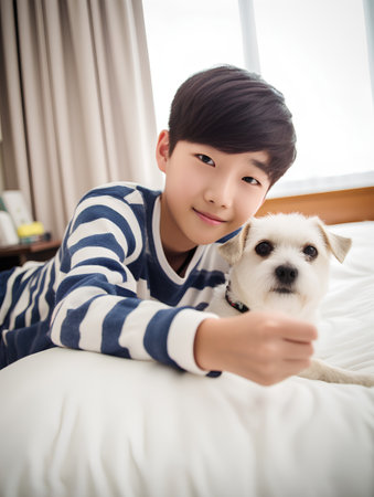 happy asian boy play with cute dog on the bed at homeの素材