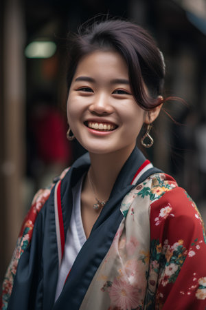 Portrait of a young woman in kimono walking in the cityの素材
