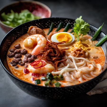 Tom yum soup with shrimps, prawns, noodles and egg on dark backgroundの素材