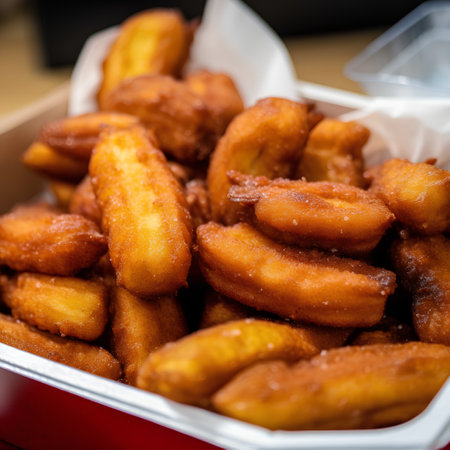 Fried churros in a box. Traditional Brazilian food.の素材