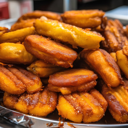 Fried churros on a plate in a street food marketの素材